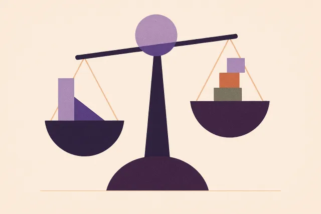 Abstract illustration of a balance scale holding a descending bar on one side and a rising stack of blocks on the other