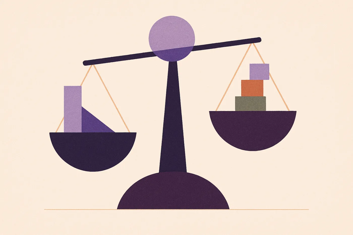 Abstract illustration of a balance scale holding a descending bar on one side and a rising stack of blocks on the other
