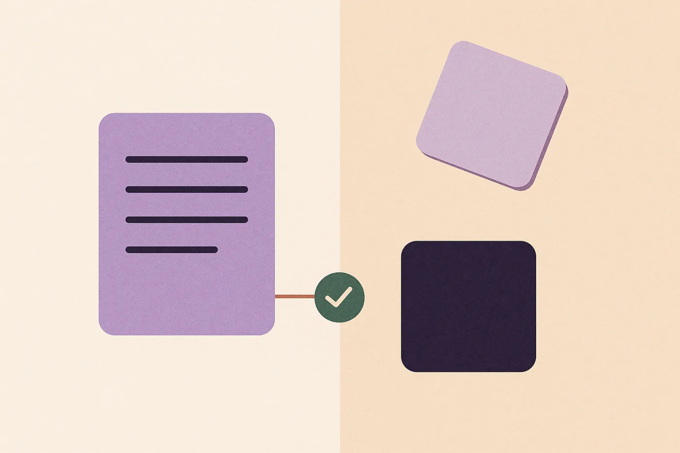 Abstract illustration of a page of written lines joined by a check-marked connector to one tile, with a second unconnected tile set apart from it
