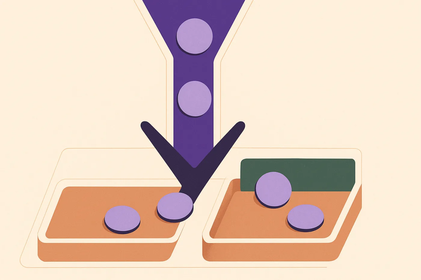 Abstract illustration of identical round tokens sliding down one chute and split by a central wedge into two trays, one open and the other partly closed by a raised panel