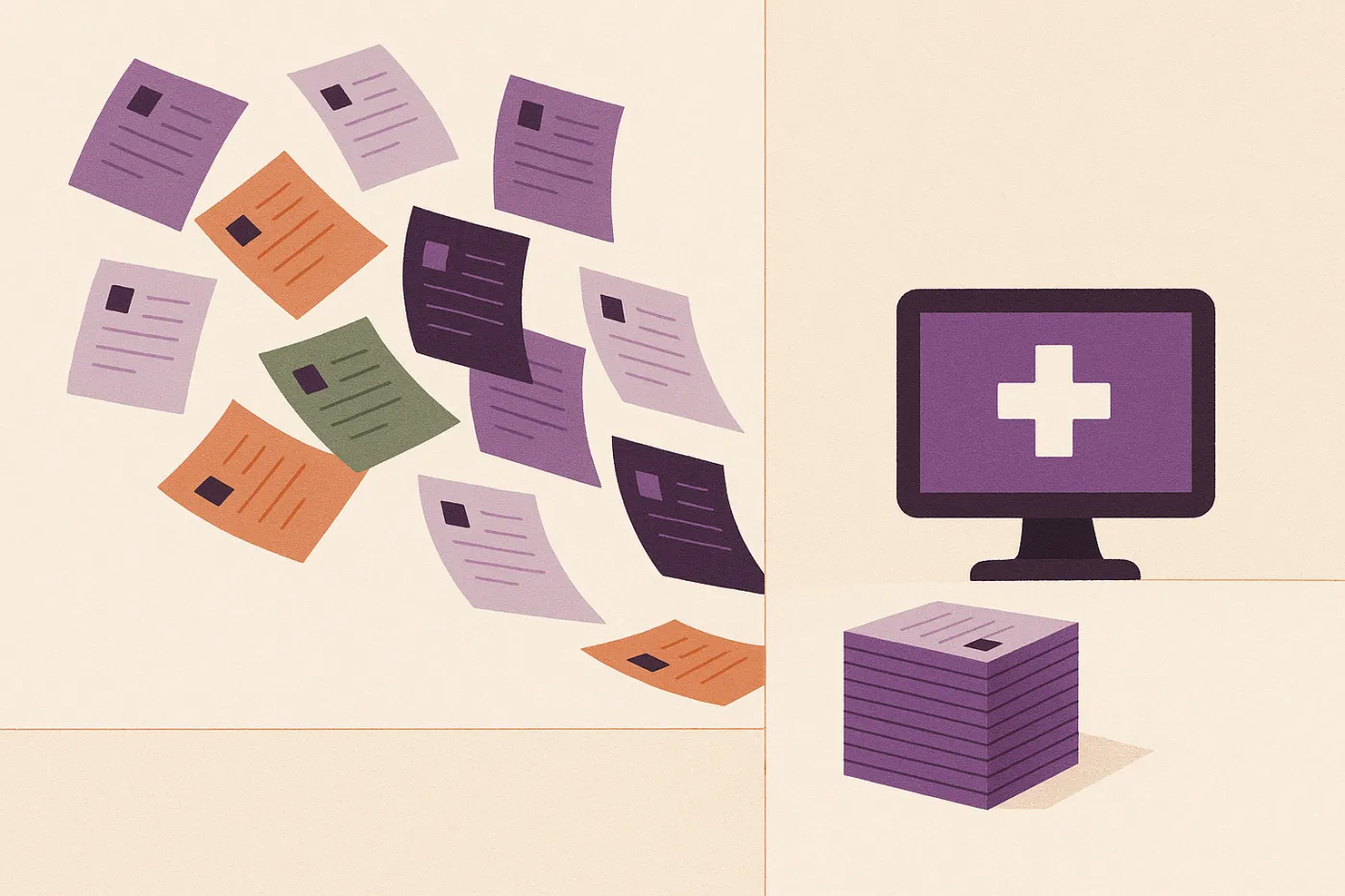 Abstract illustration of scattered claim forms crossing a dividing line and settling into one tidy stack beside a monitor marked with a medical cross