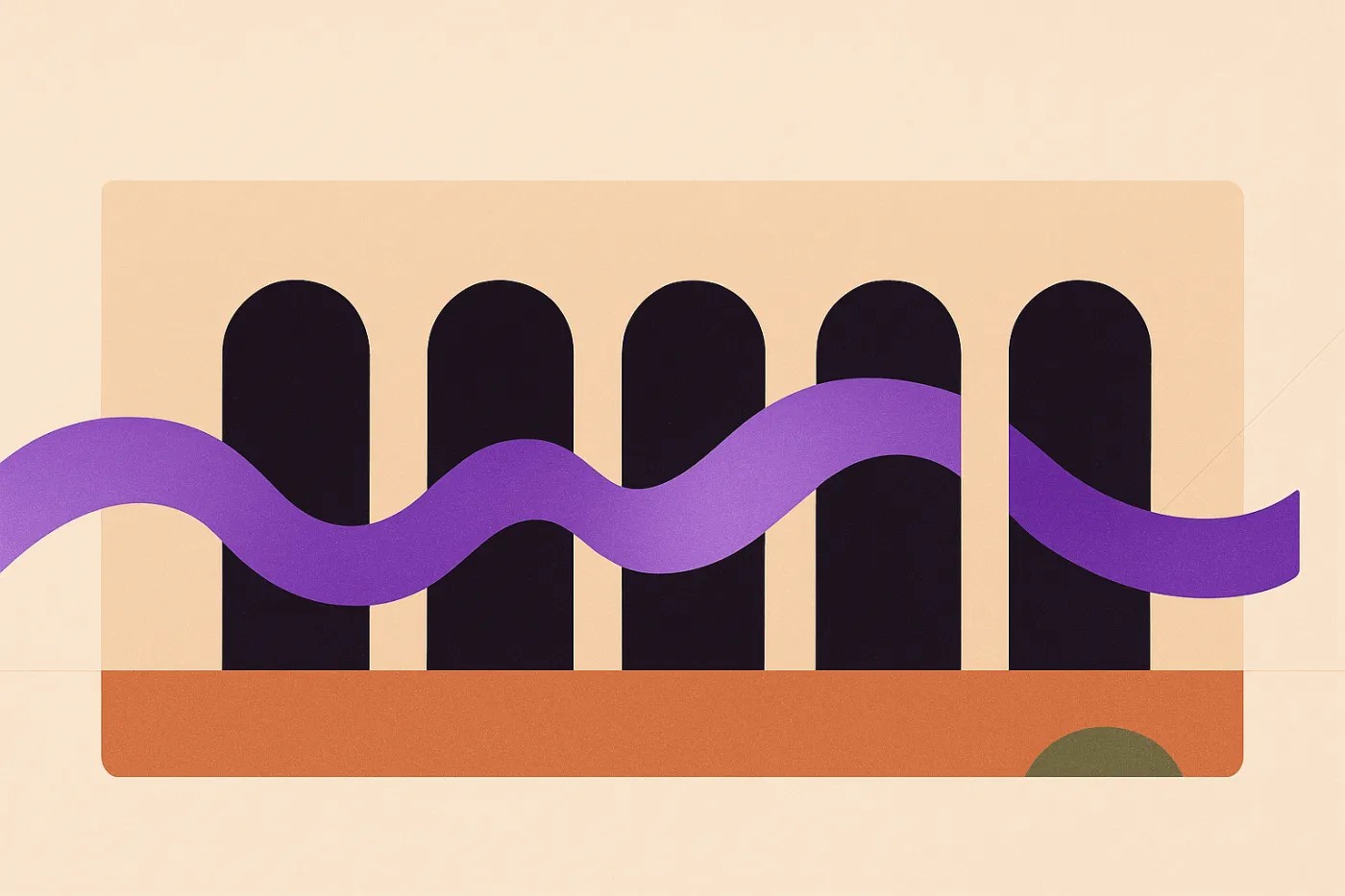 Abstract illustration of a continuous ribbon passing cleanly through a row of identical openings in a solid barrier
