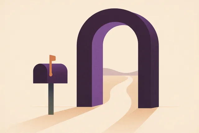 Abstract illustration of an open archway with a path running straight through it and a small mailbox with its flag raised beside it