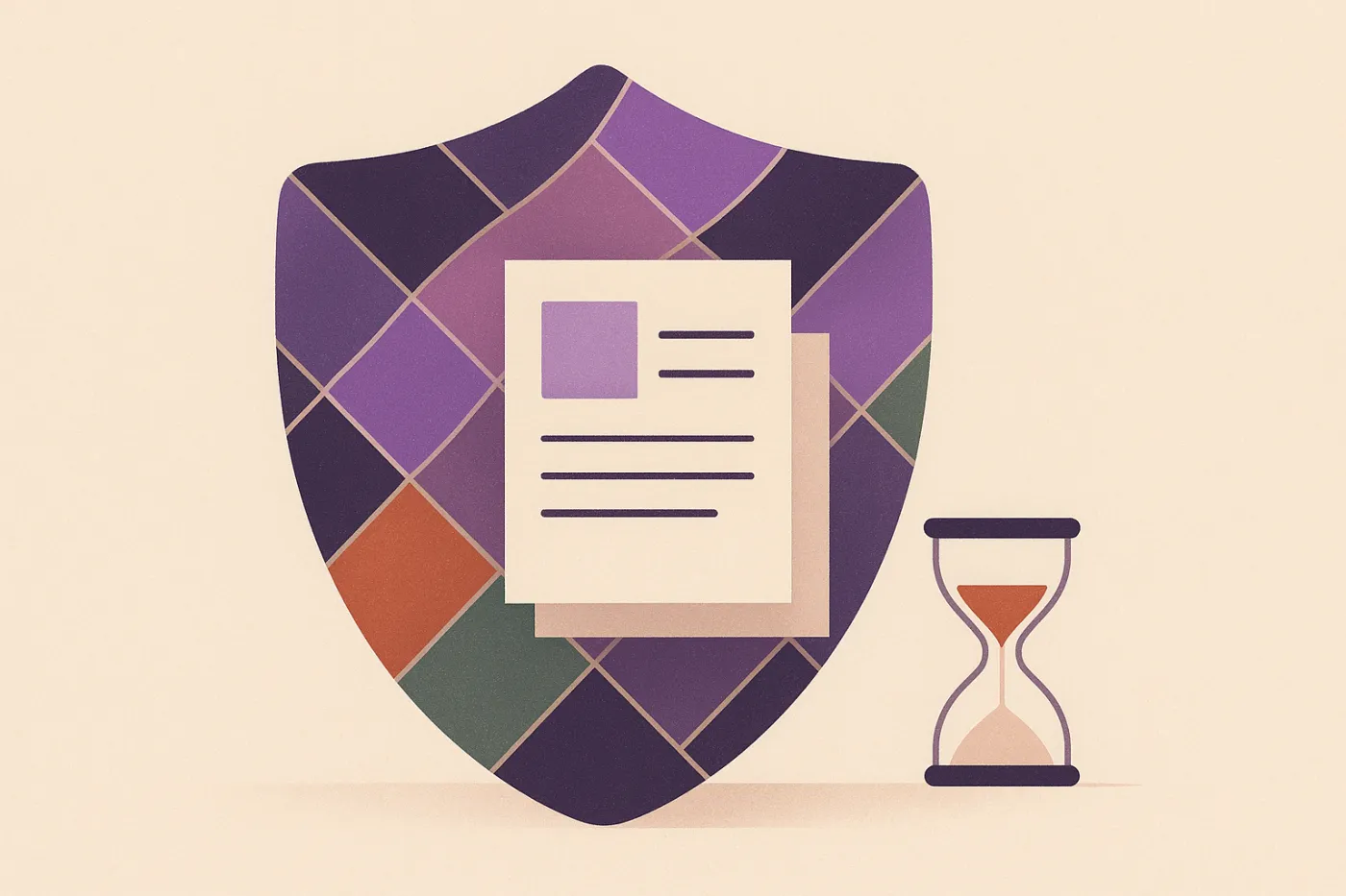 Abstract illustration of a shield-shaped lattice assembling around a cluster of records while an hourglass stands beside it