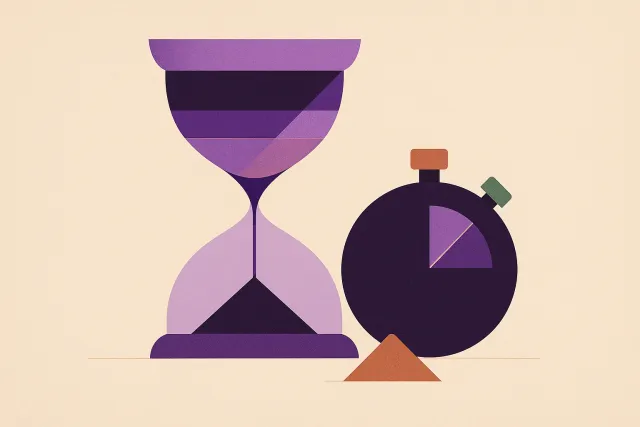 Abstract illustration of a large hourglass releasing a thin measured stream of sand onto a small precise pile beside a stopwatch shape