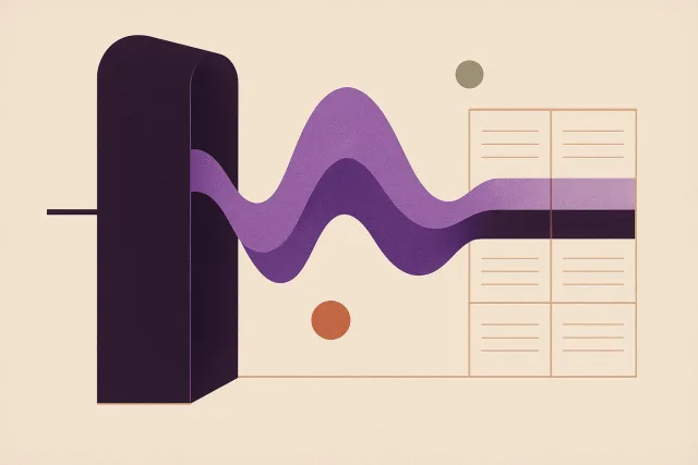 Abstract illustration of a sound wave passing through a gate and settling into an orderly grid of note pages