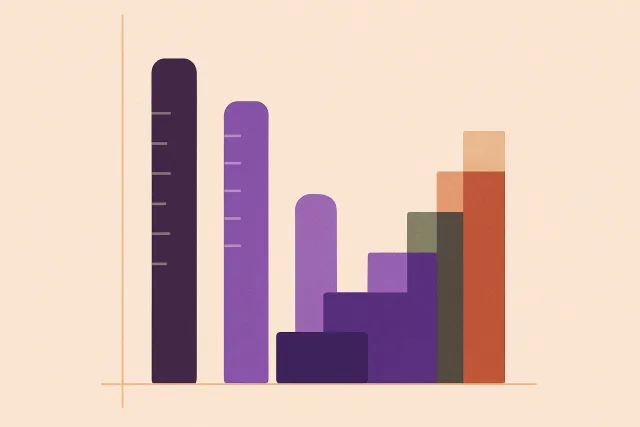 Abstract illustration of a rising staircase of small blocks standing beside three upright measuring sticks of different heights