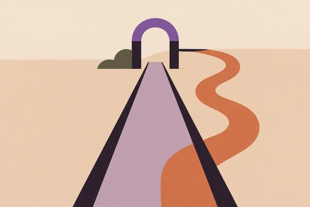 Abstract illustration of a path splitting at a gate, one branch running straight between crisp guide rails and the other winding unpaved through open ground