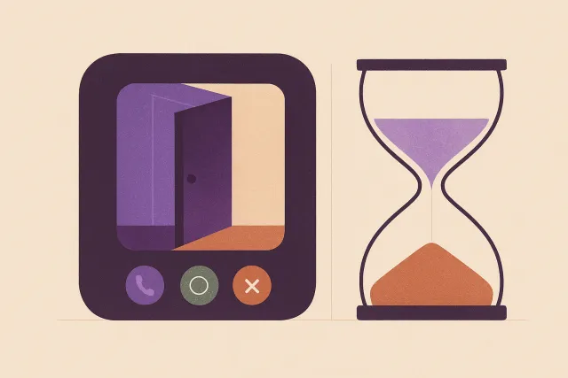 Abstract illustration of a video-call frame holding an open front door, with an hourglass beside it about half run