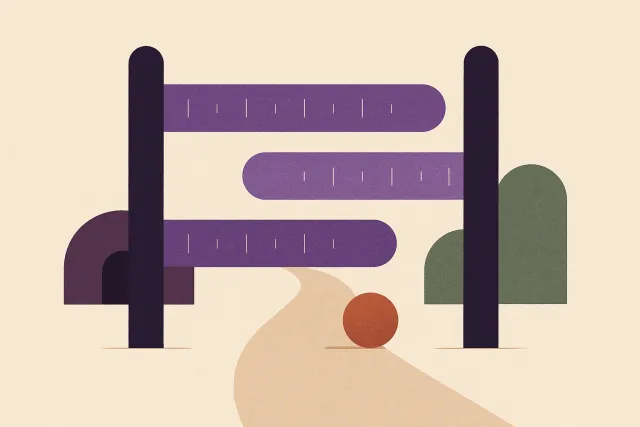 Abstract illustration of a gate made of three horizontal measuring bars over a winding path, with a small sphere passing beneath them