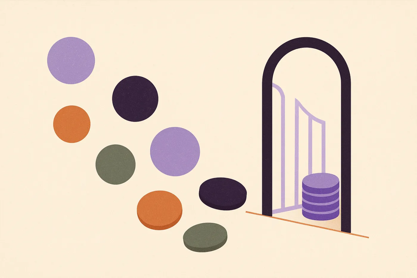 Abstract illustration of scattered coins funneling through a narrow front gate into a single orderly stack