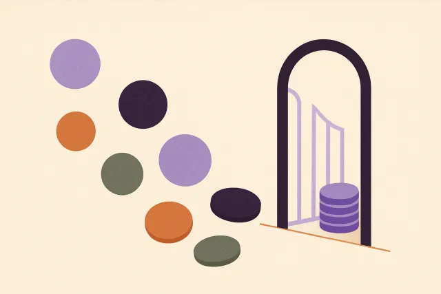 Abstract illustration of scattered coins funneling through a narrow front gate into a single orderly stack