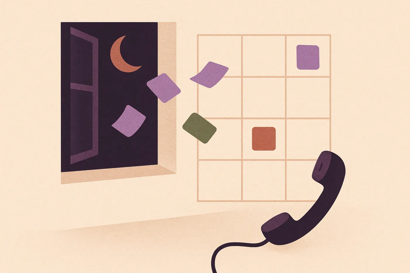 Abstract illustration of appointment cards flowing through an open window into a calendar grid while a telephone handset rests to the side
