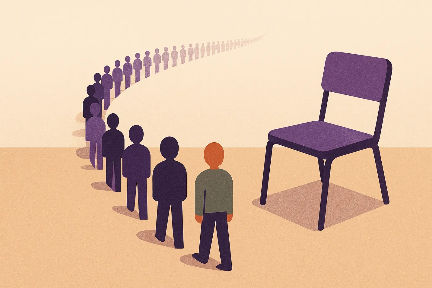 Abstract illustration of a long queue of small figures winding toward one oversized empty chair