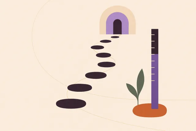 Abstract illustration of stepping stones rising toward a doorway, with a tall unmarked measuring gauge standing beside the path