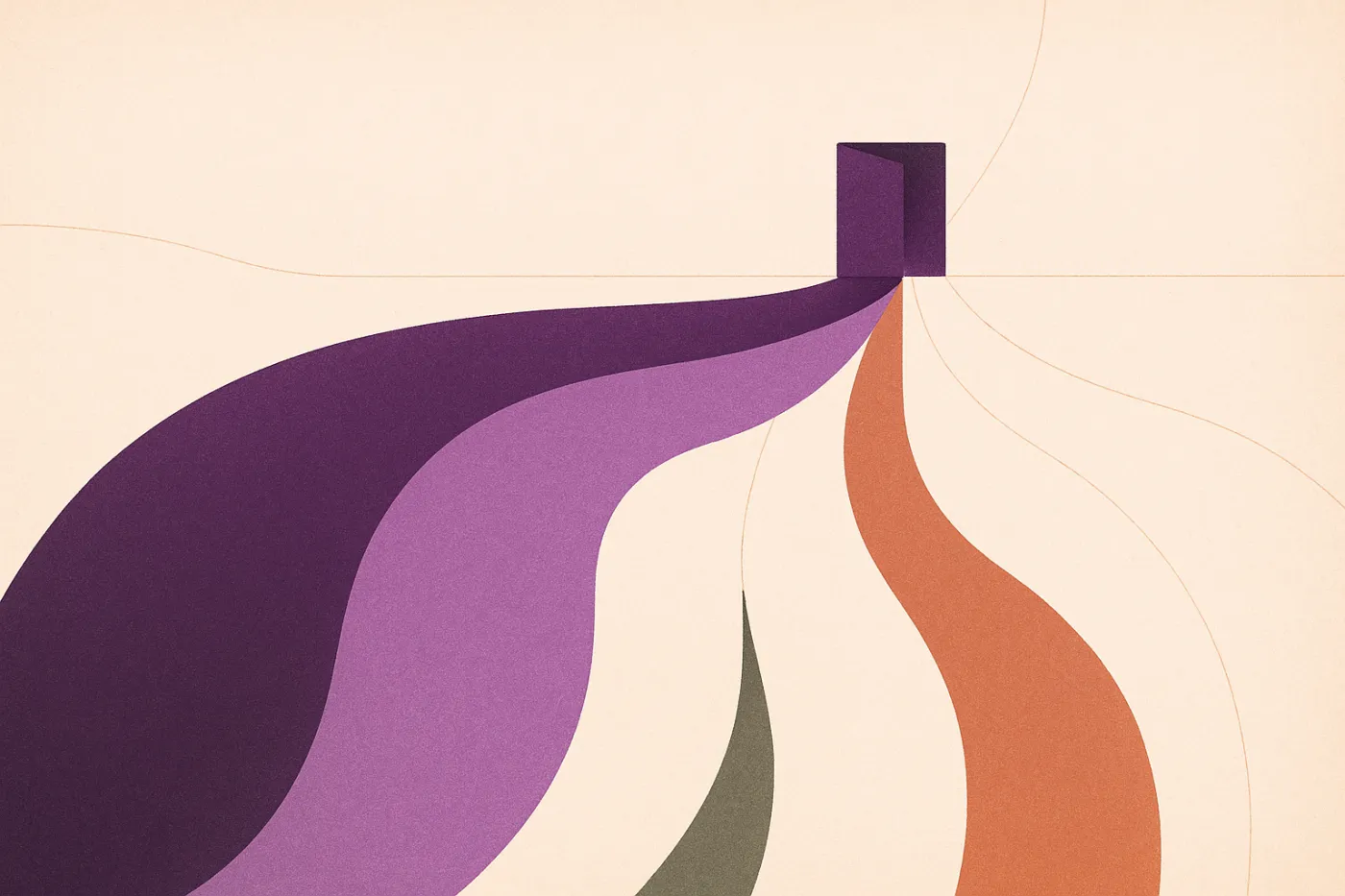 Abstract illustration of several paths of very different widths curving together into one small open doorway