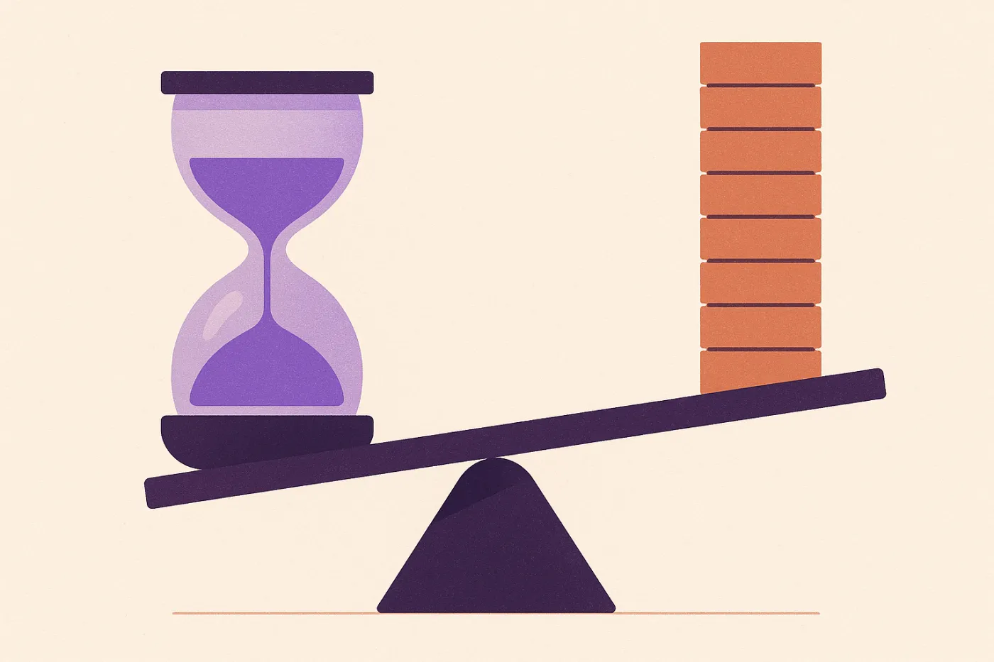 Abstract illustration of an hourglass on one arm of a tilting balance beam, outweighed by a tight stack of identical small blocks on the other arm