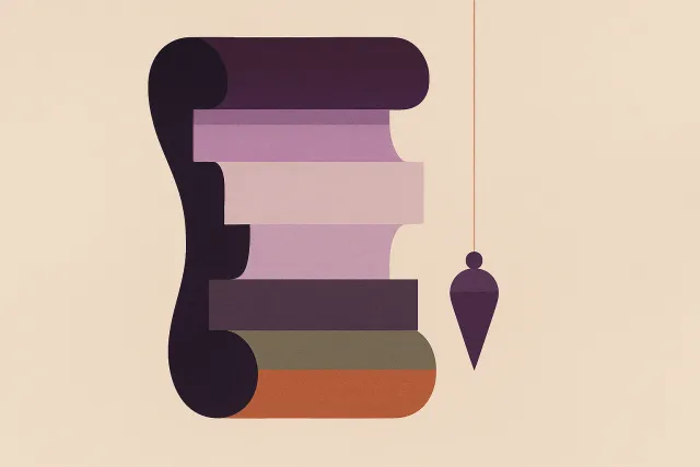 Abstract illustration of a scrolled page made of stacked horizontal bands, with a plumb line hanging straight beside it