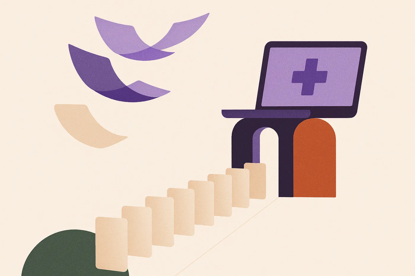 Abstract illustration of a long queue of paper forms passing through a narrow gate, with a few forms lifting away ahead of the line