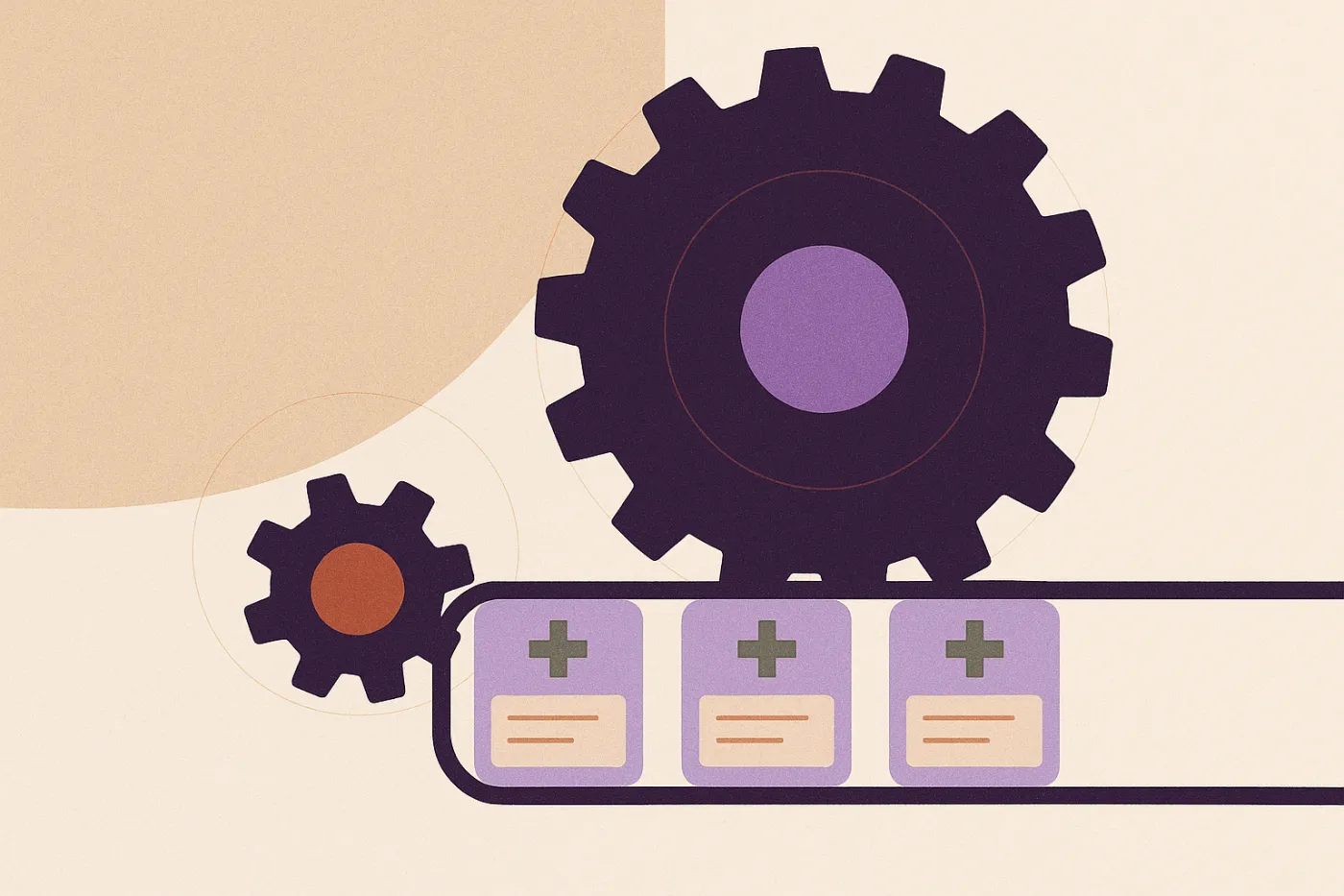 Abstract illustration of two interlocking gears, one large and one small, turning a single row of appointment cards forward