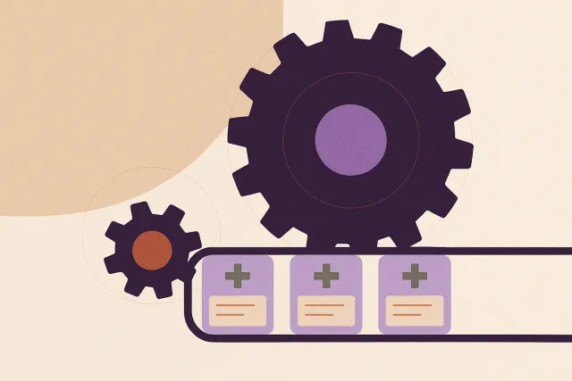 Abstract illustration of two interlocking gears, one large and one small, turning a single row of appointment cards forward