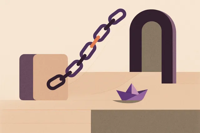Abstract illustration of a heavy anchor chain releasing from a large block while a small boat moves toward an open gate
