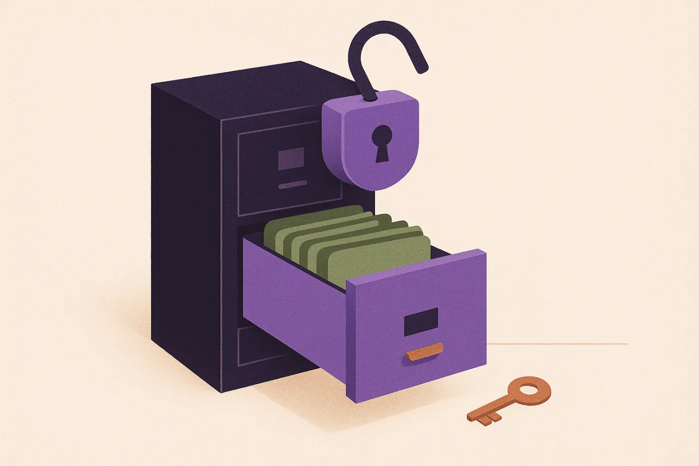 Abstract illustration of a padlocked records cabinet with the lock springing open and one drawer sliding free