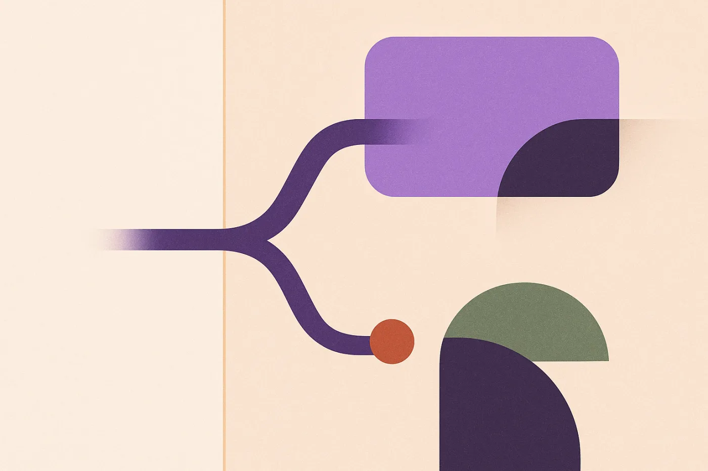 Abstract illustration of a single path crossing a thin boundary line and forking into two routes, one running clear and one stopping at a marker