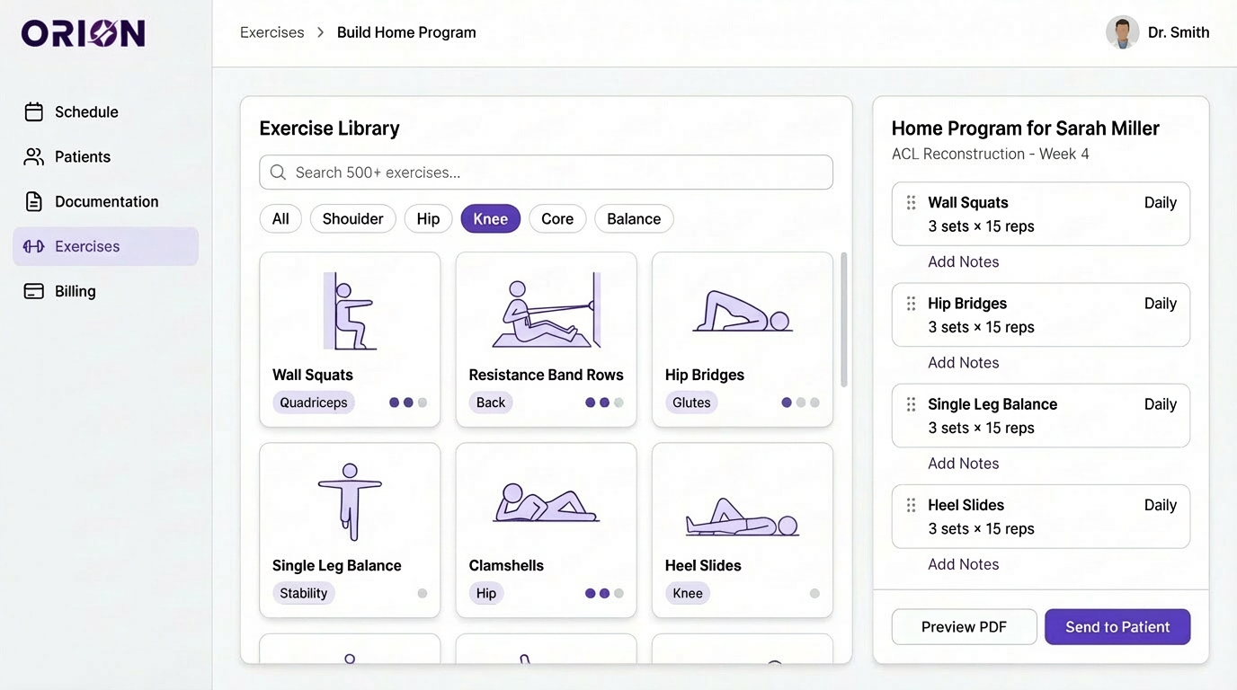 Orion EHR exercise library and home exercise program builder for physical therapy