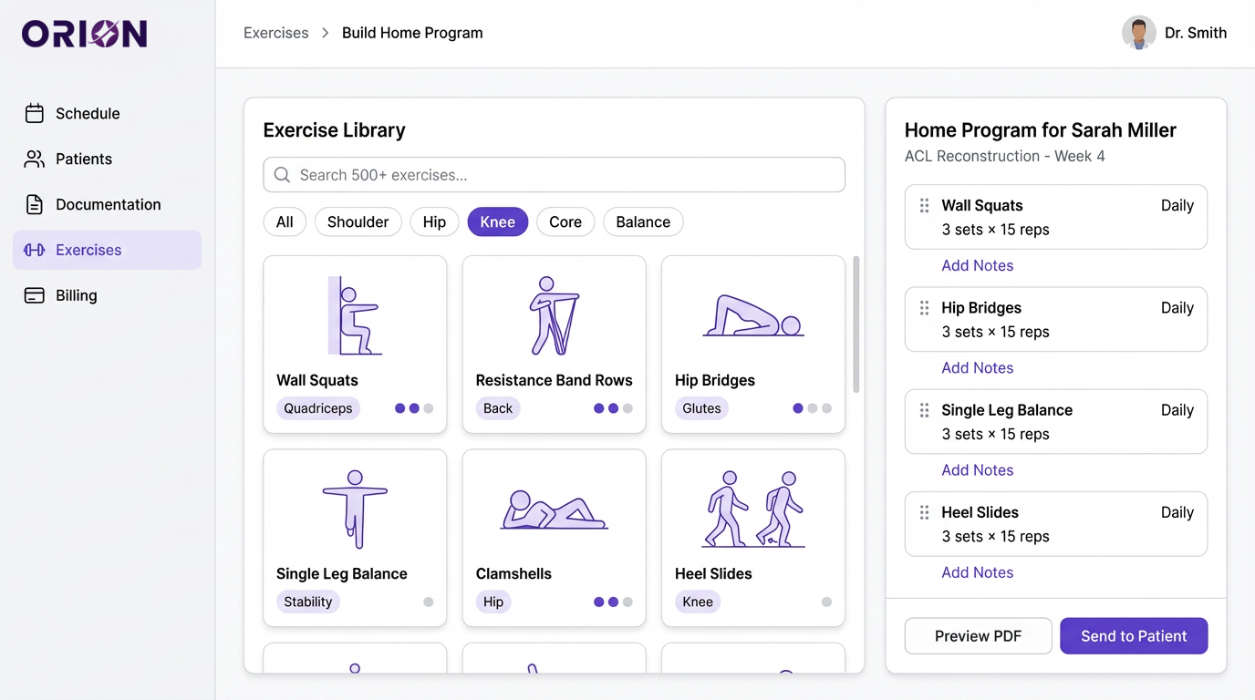 Orion EHR exercise library and home exercise program builder for physical therapy