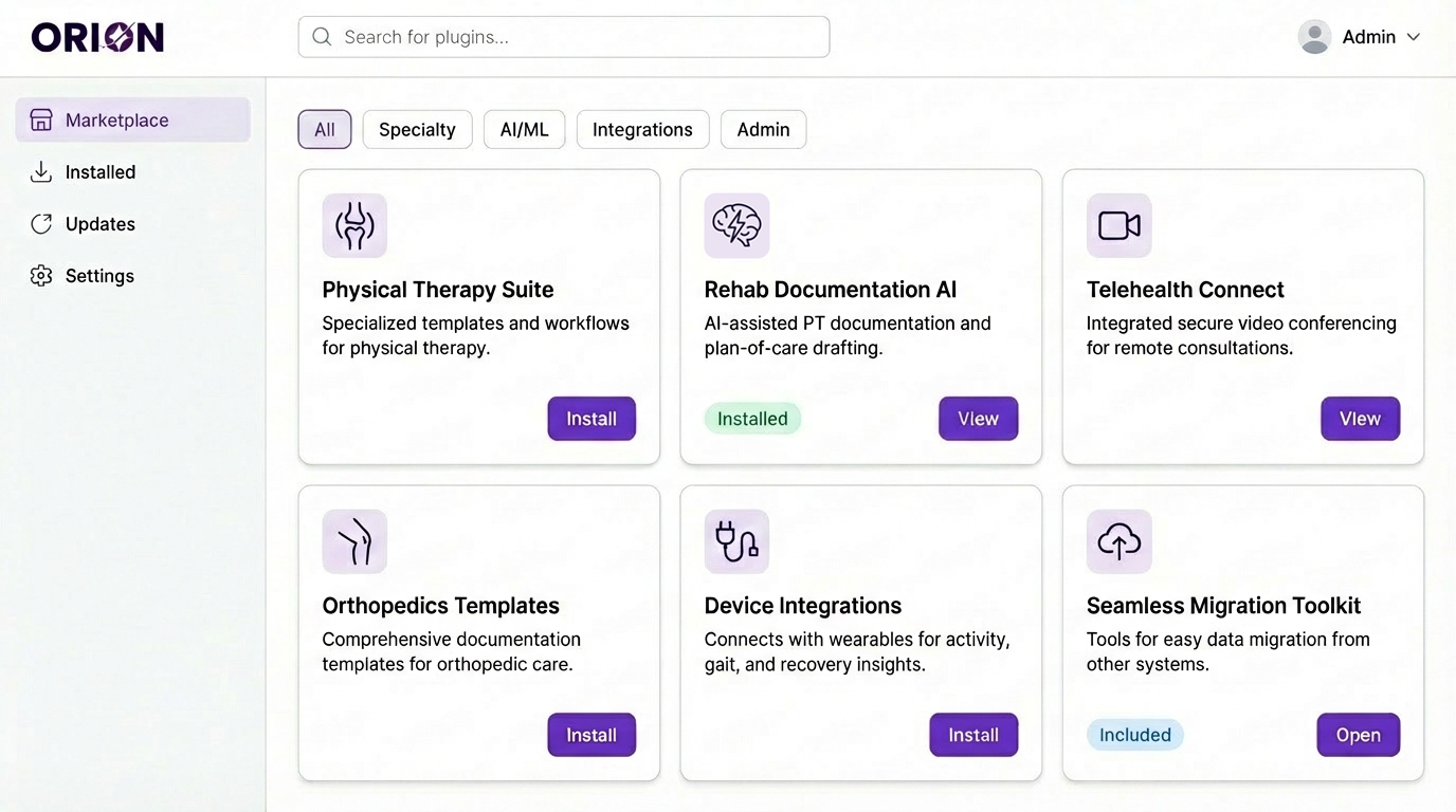 Orion EHR Marketplace with installable plugins for different specialties