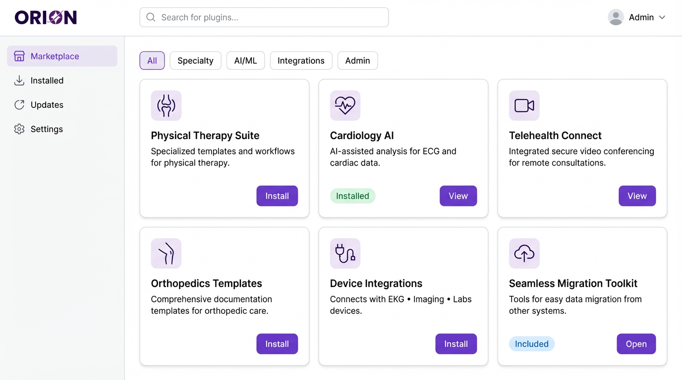Orion EHR Marketplace with installable plugins for different specialties