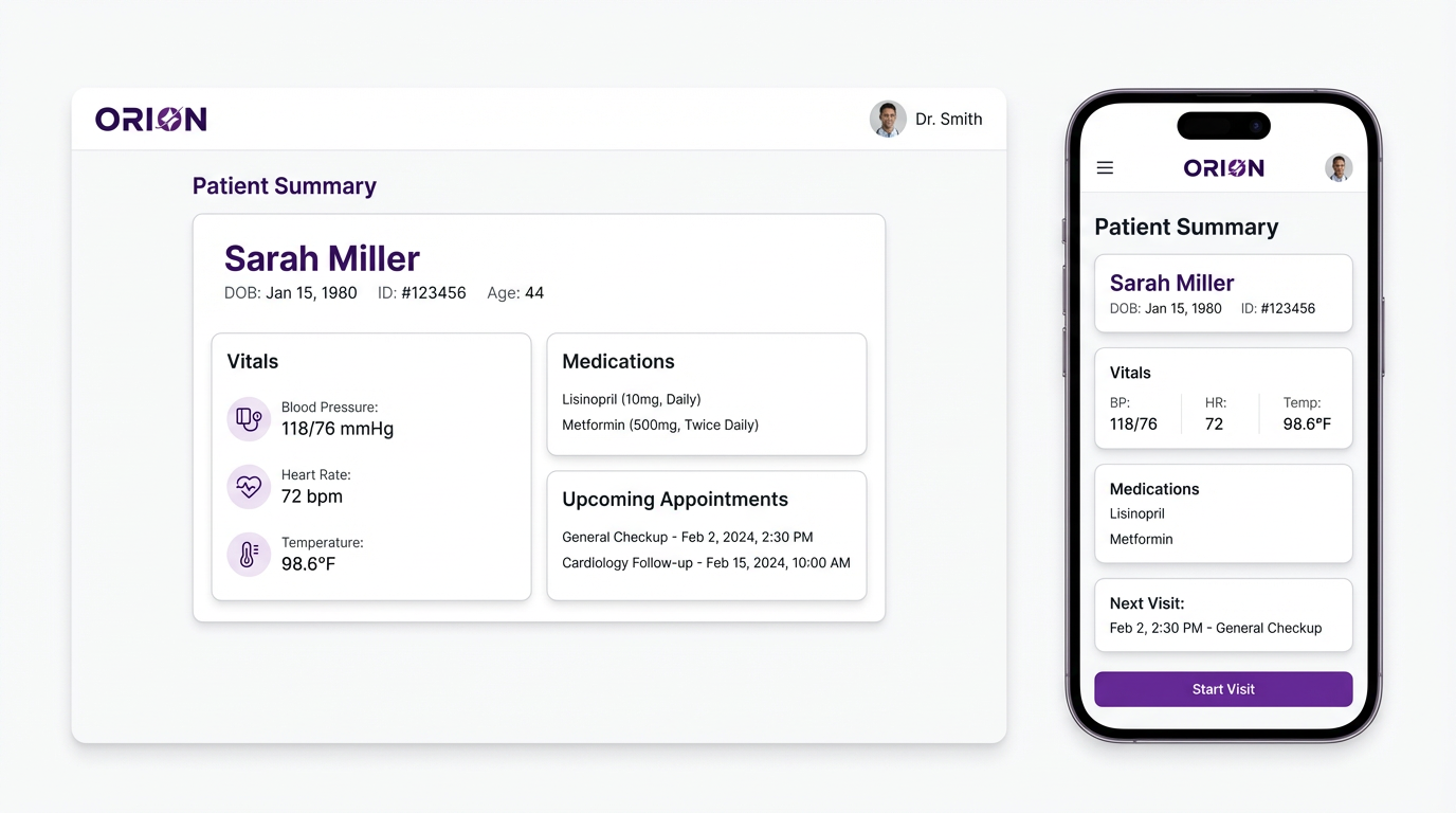 Orion EHR responsive design showing desktop and mobile patient summary views