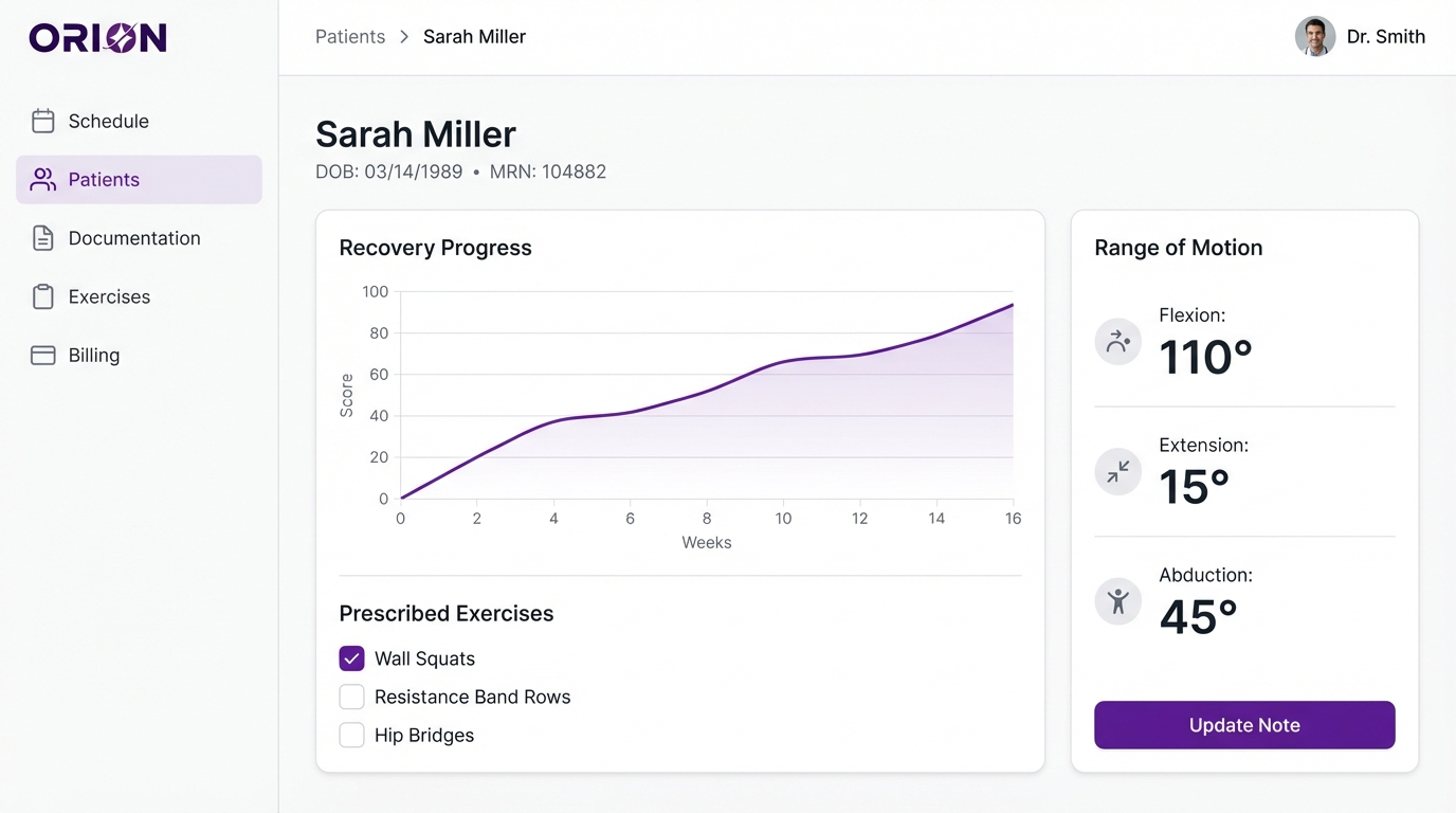Orion EHR Physical Therapy patient dashboard showing recovery progress and exercises